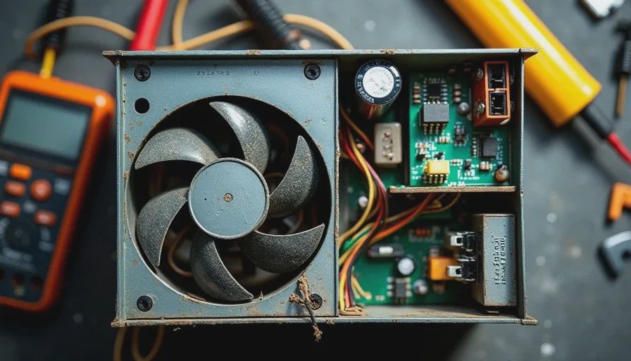 Inside a failed power supply showing bulging capacitors and dust-clogged fan demonstrating why PSUs fail