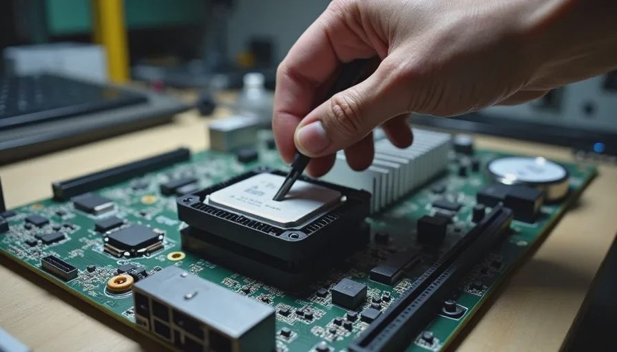 Hand tightening CPU cooler mounting screws in cross-pattern for even pressure