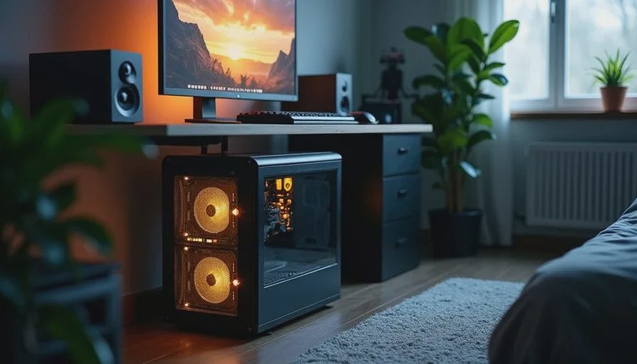 Quiet PC build running under a desk in a home office setup with minimal visible lighting