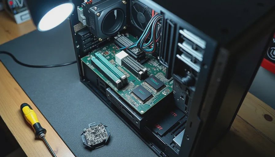 Quiet PC build in progress on a garage test bench showing internal components and cable management