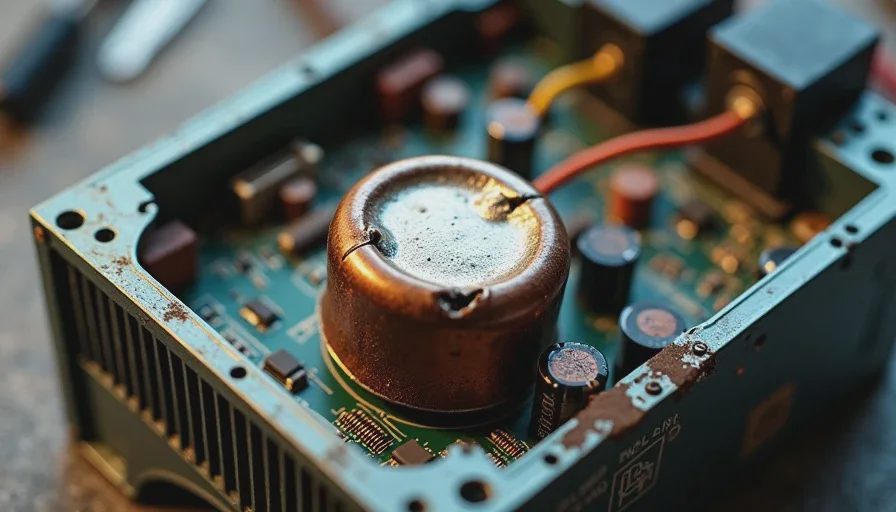 Failed cheap power supply unit showing a bulging capacitor and undersized internal components