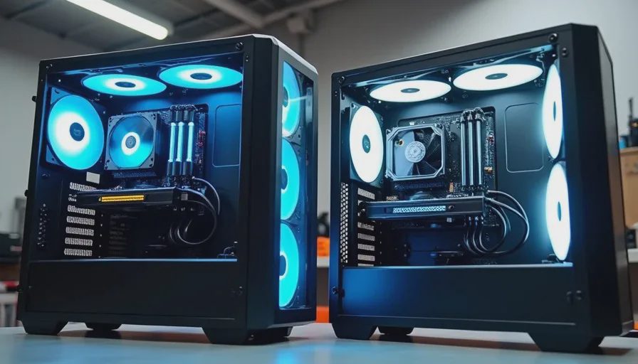 AIO liquid cooler versus large air tower cooler side by side comparison in garage environment