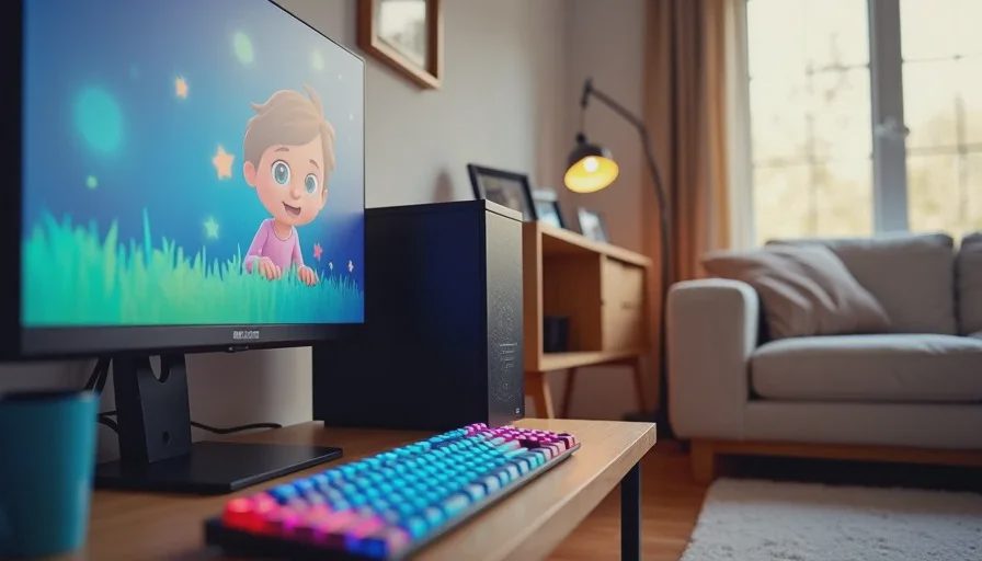 A child's quiet PC build set up in a living room with a matte monitor and colorful keyboard