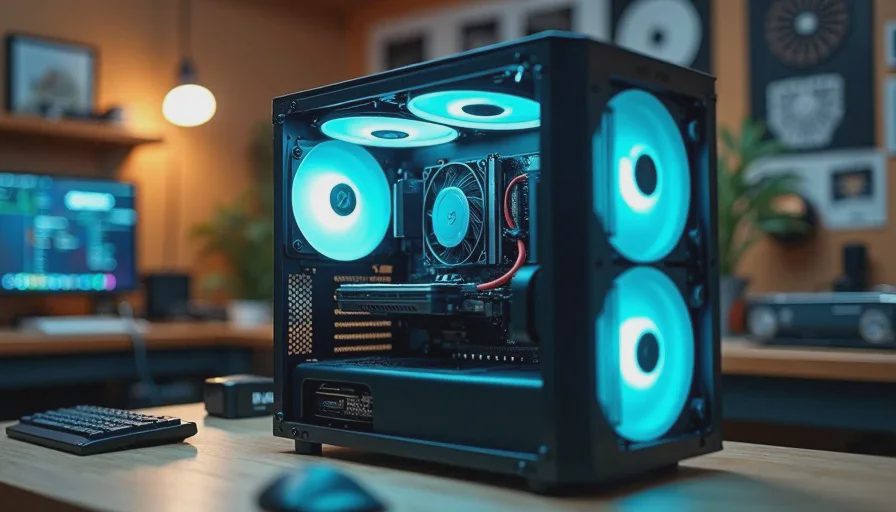 PC case interior with low-speed fans and clean cable routing for a quiet PC build