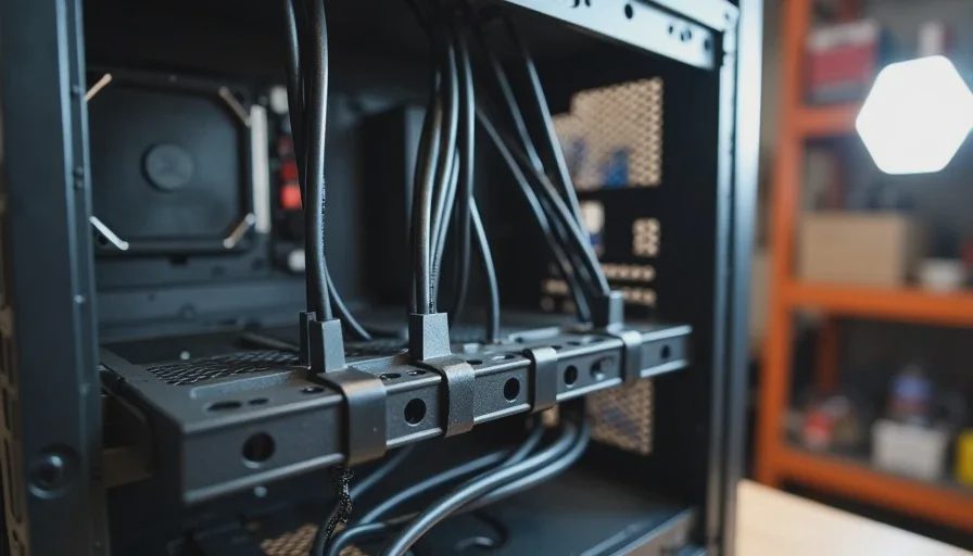 Stock cables routed behind motherboard tray and zip-tied at anchor points for cable management without custom cables