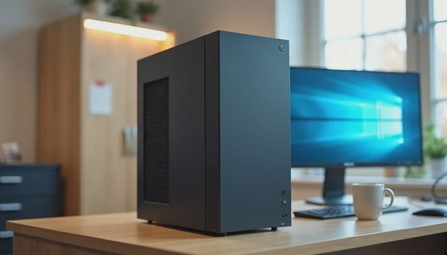 Quiet PC build installed in a dental office workstation with a minimalist black case design