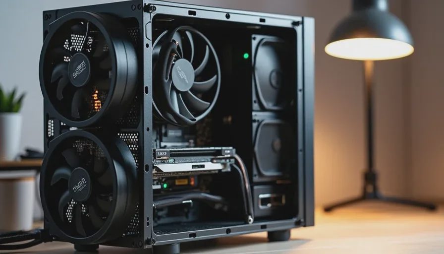 Budget sleeper PC build internal components showing CPU cooler and cable management in a plain case