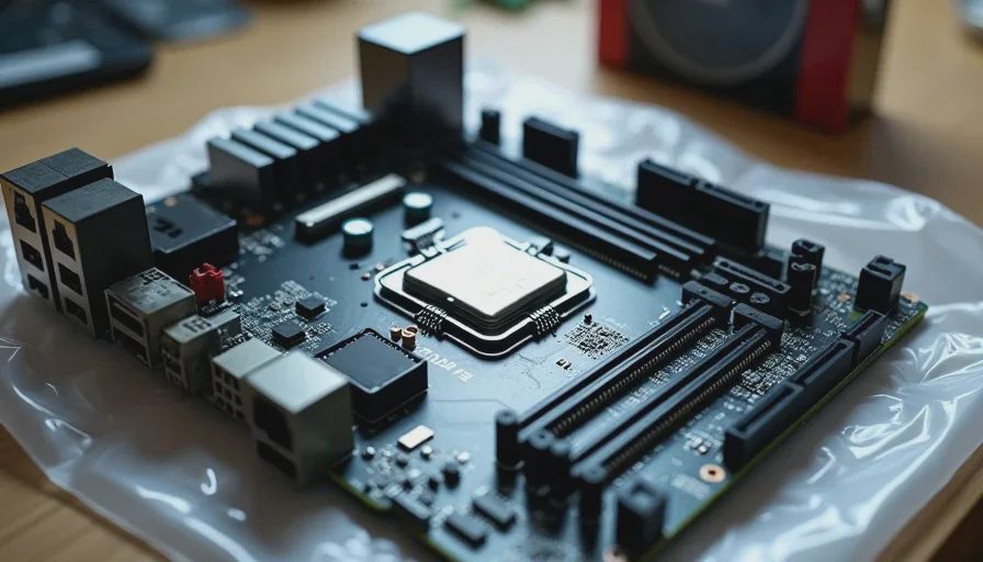 Close-up of a B550 AM4 motherboard with DDR4 slots on a workbench