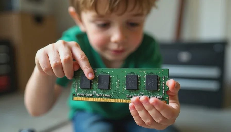 Child examining a removed DDR3 RAM stick from a disassembled Dell Optiplex