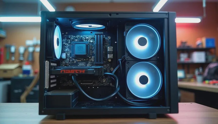 mATX case interior showing clean cable management and component layout for office workstation build