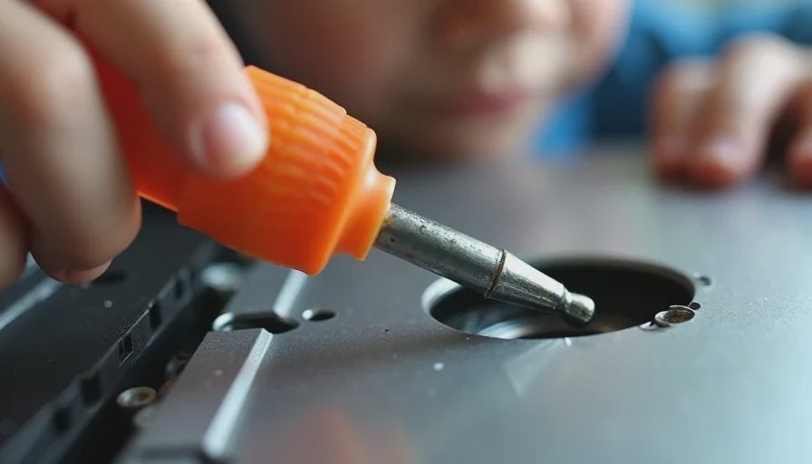 Close-up of child hands using screwdriver to remove Dell Optiplex side panel screws