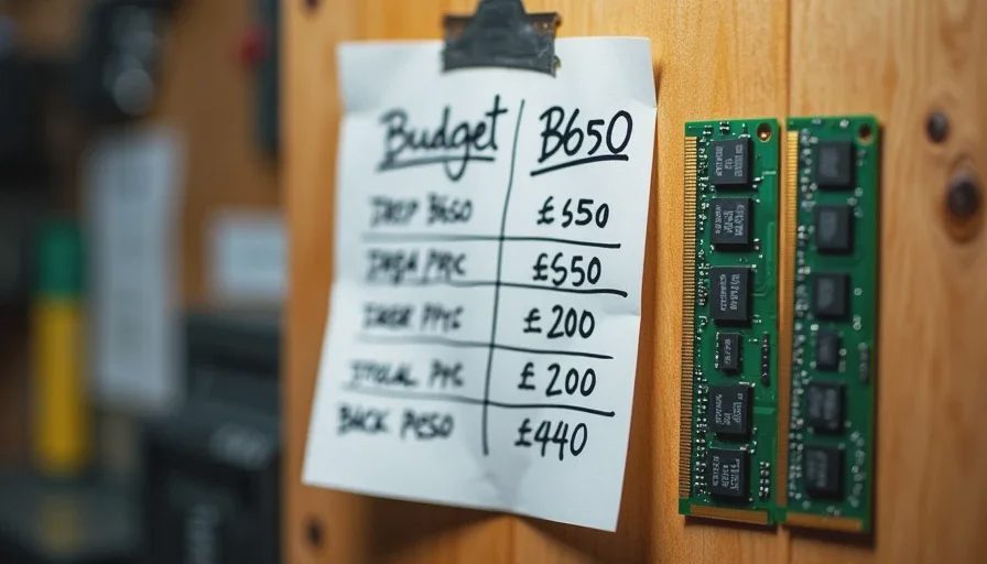 Handwritten budget comparison notes for B550 vs B650 builds with RAM sticks