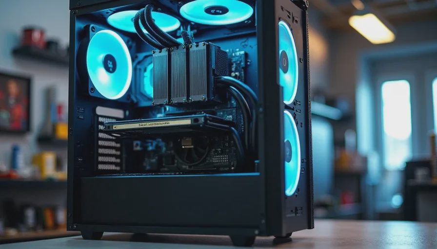 mATX gaming build interior with tower air cooler and dual-fan GPU showing component clearance and layout