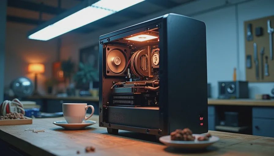 Open side panel of a child's PC build showing clean cable management and stock AMD cooler