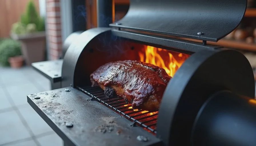 Offset smoker with 12-pound brisket cooking during the first hours of a Houston PC builder Saturday