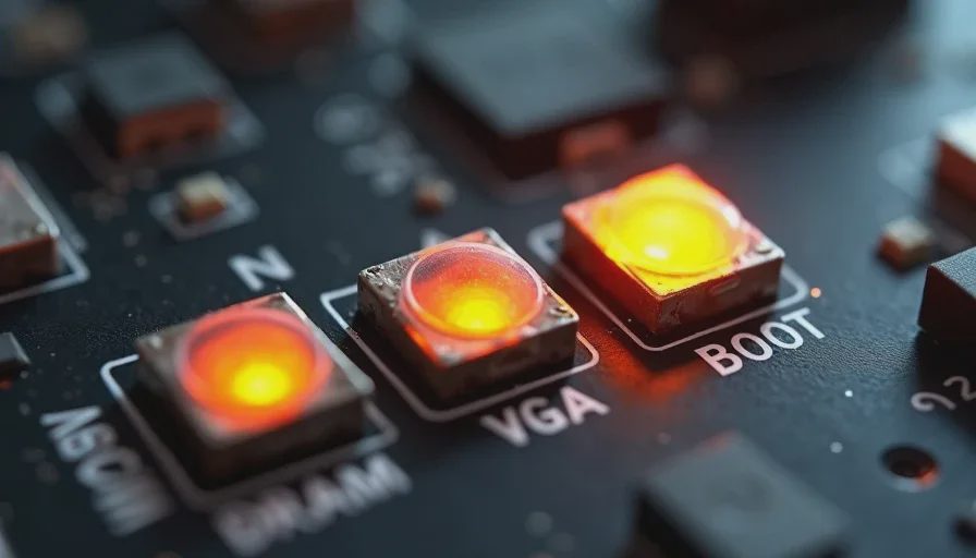 DRAM debug LED lit orange on a motherboard indicating memory error — PC won't post troubleshooting