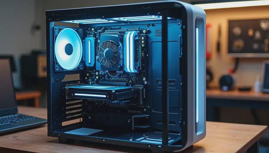 Graphics card installed in a PC case showing the inductor area where coil whine originates