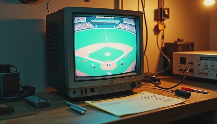 Baseball game on a garage TV during a long PC stability test with hourly temperature notes