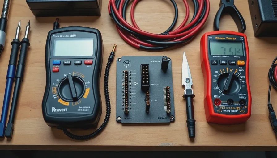 PSU diagnostic tools including voltage tester and multimeter on a workbench for power supply troubleshooting