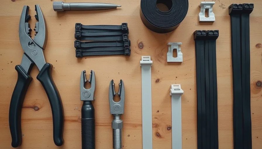 Cable management tools including zip ties, diagonal cutters, and velcro strips on a garage workbench